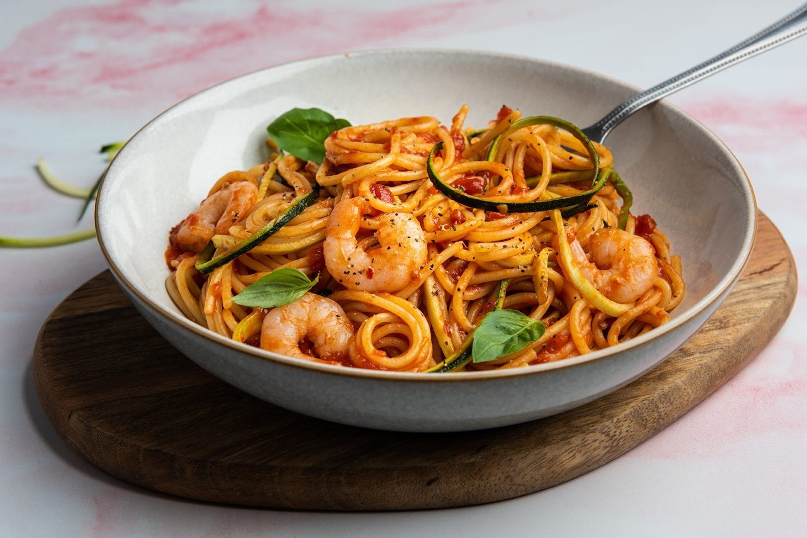 Spaghetti Arrabbiata with Prawns & Courgette Ribbons