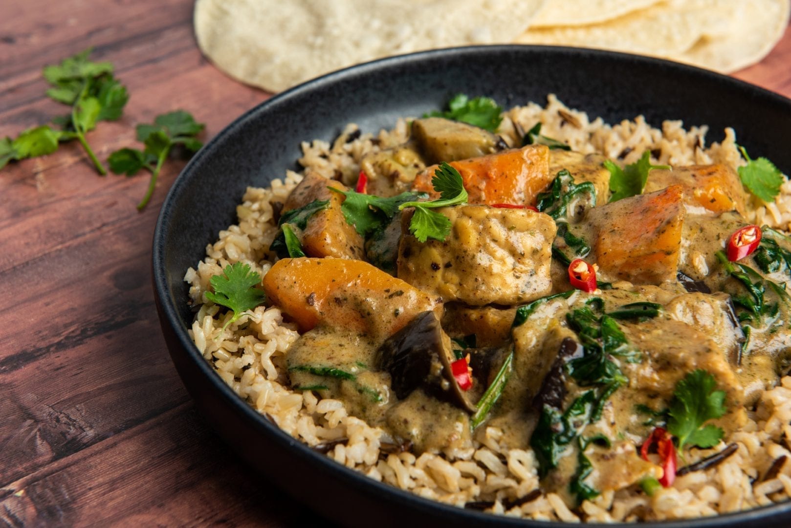 Butternut Squash & Tempeh Massaman Curry with Spinach & Aubergine